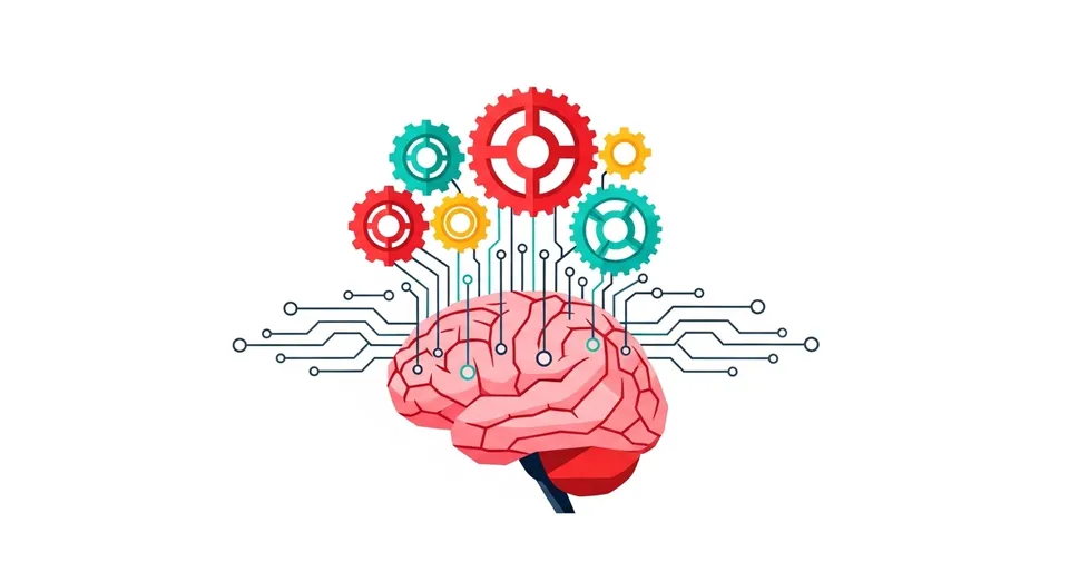 cérebro conectado a engrenagens coloridas simbolizando tecnologia