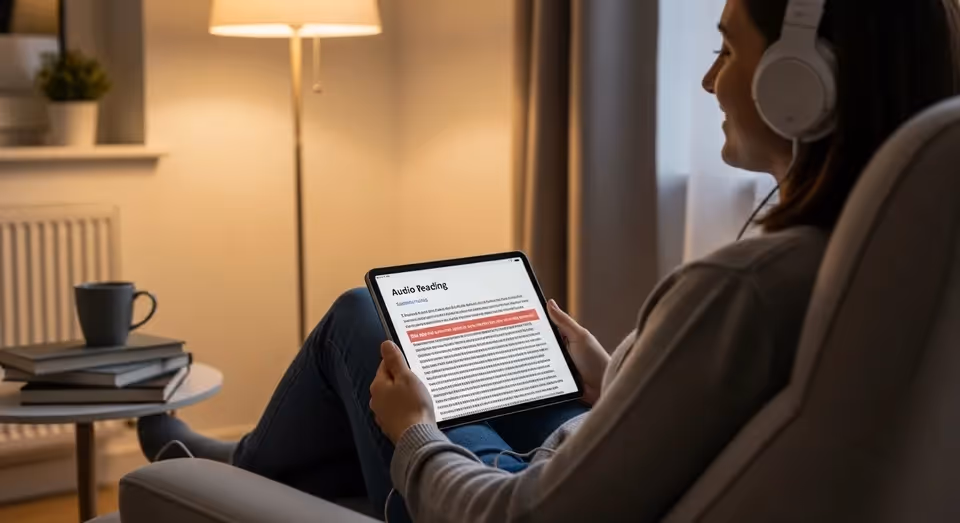 mulher usando fones e lendo texto em tablet enquanto relaxa em casa