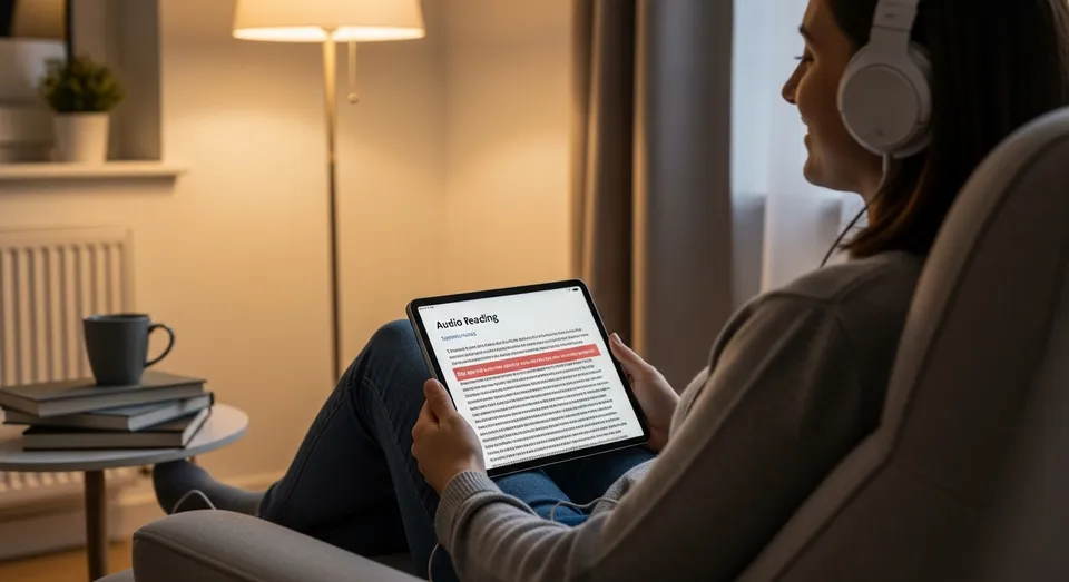 mulher usando fones e lendo texto em tablet enquanto relaxa em casa