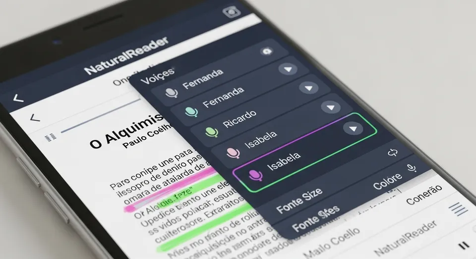 tela de app exibindo opções de vozes para leitura automática digital