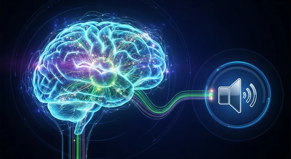 cérebro digital brilhante enviando sinais sonoros para alto-falante