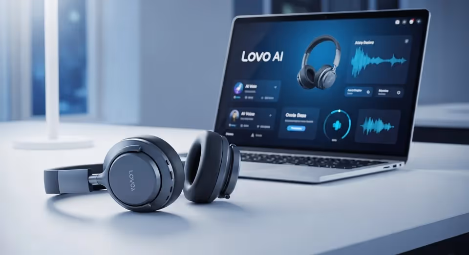 fones de ouvido ao lado de laptop exibindo painel de audio lovo ai
