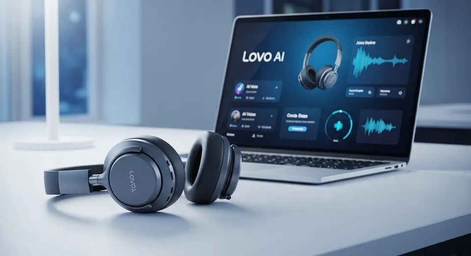 fones de ouvido ao lado de laptop exibindo painel de audio lovo ai