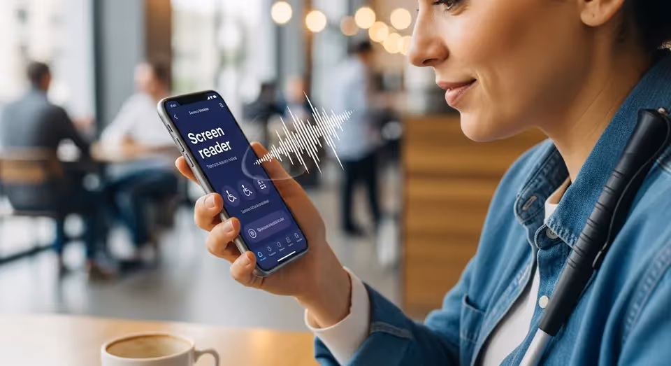 mulher usa leitor de tela no celular com onda sonora acessivel