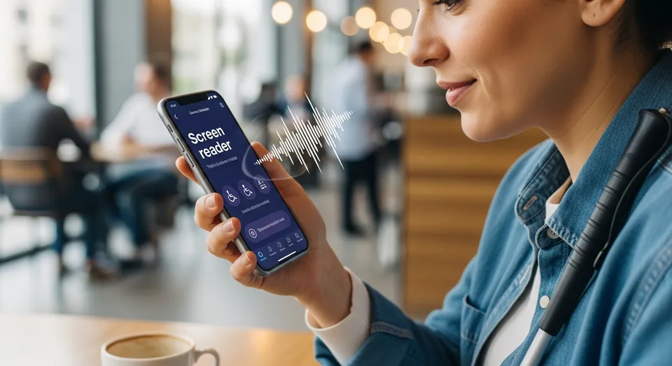 mulher usa leitor de tela no celular com onda sonora acessivel