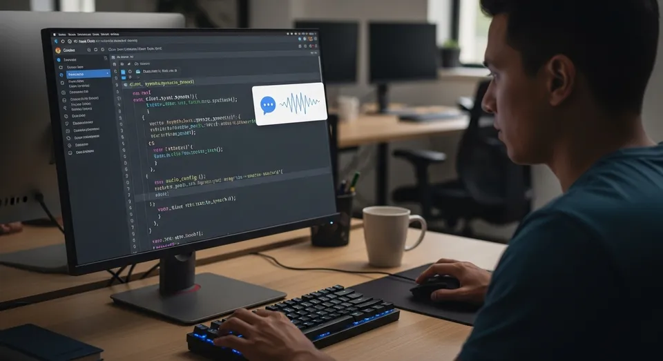 programador trabalha em codigo com recurso de audio em exibicao