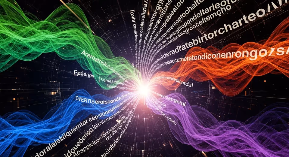 Fluxos coloridos de dados e palavras formando espiral luminosa