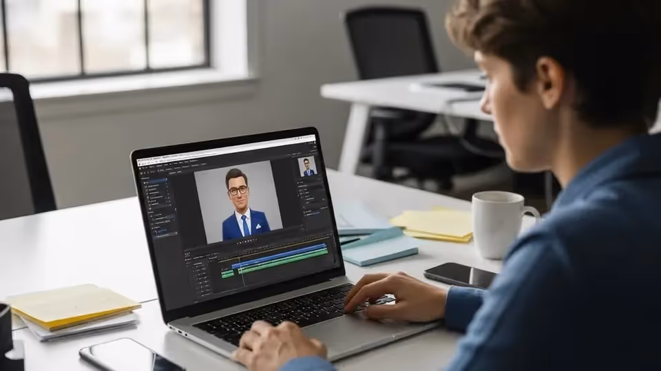 Pessoa editando vídeo com avatar em software da Synthesys