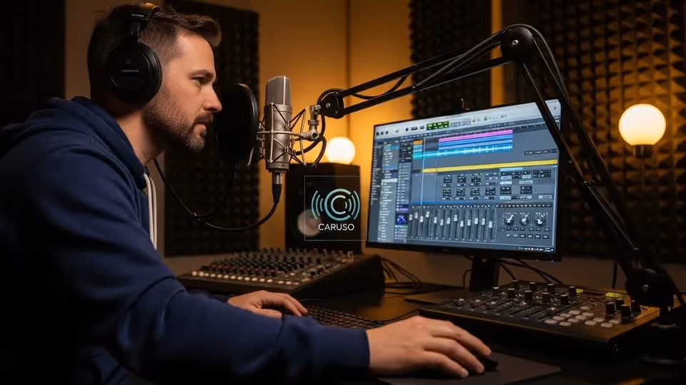 Profissional de pós-produção trabalhando em software de edição de áudio e sincronização facial em monitor ultrawide.