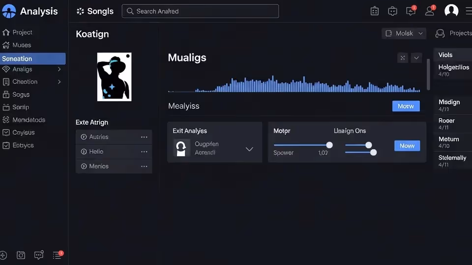 Homem analisando métricas musicais e ondas sonoras em um tablet usando a interface escura da plataforma Cyanite AI.