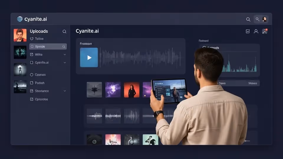Usuário em frente a um computador desktop acessando a tela azul de cadastro e login da plataforma Cyanite AI.