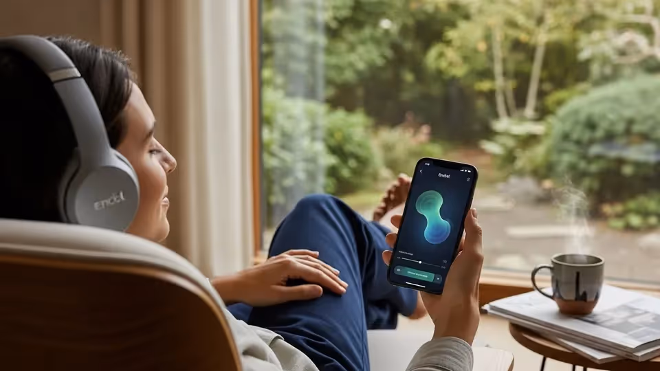 Mulher sentada próxima a uma janela com vista para o jardim, usando fones de ouvido e o app Endel para relaxamento durante o dia.