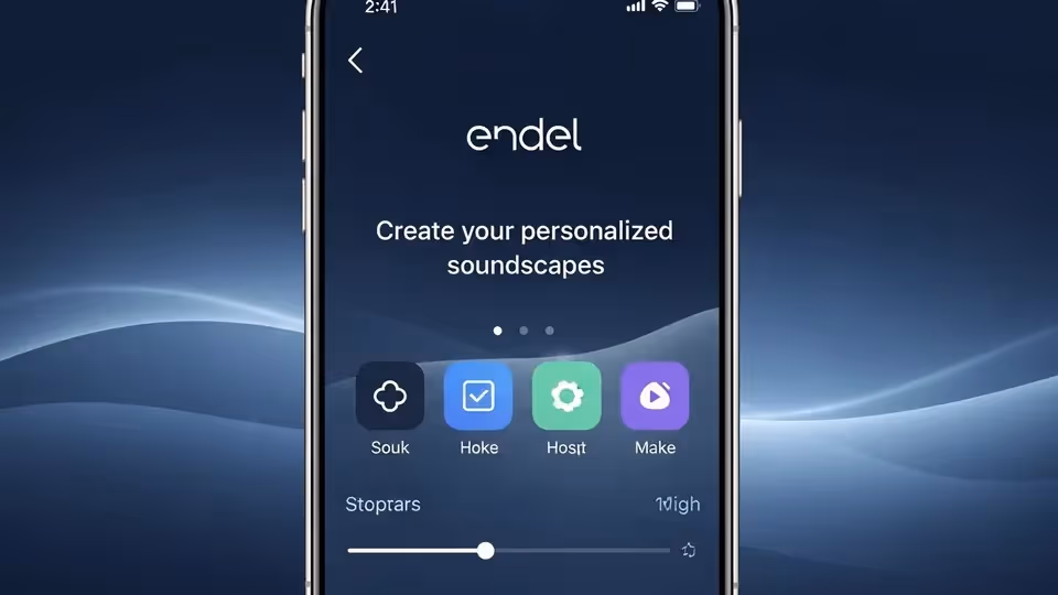 Mulher relaxando em uma poltrona confortável ao anoitecer, usando fones de ouvido e o aplicativo Endel no celular para meditação.