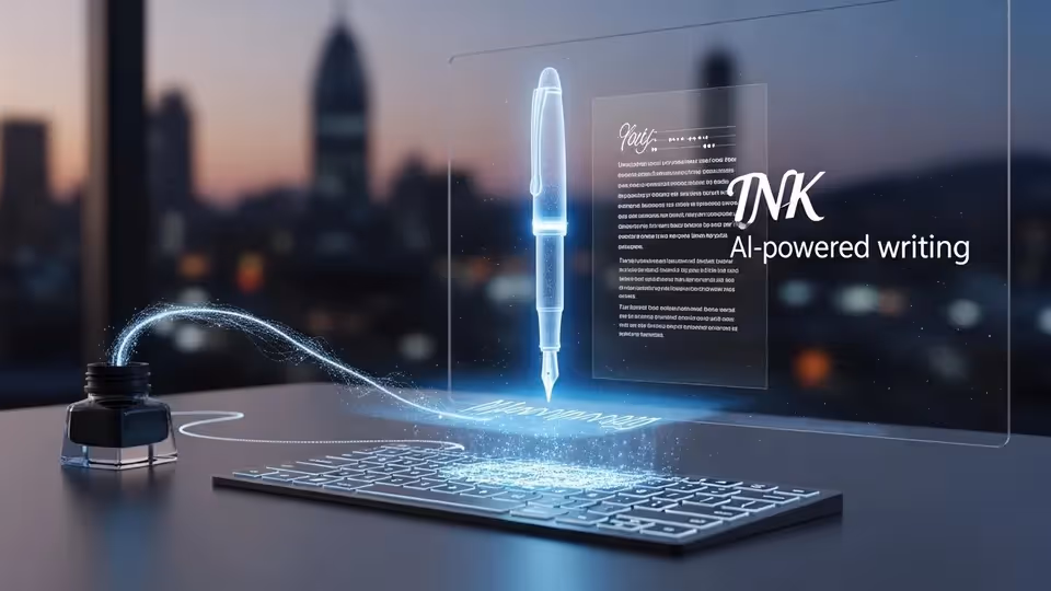 Tinteiro high-tech emitindo uma pena formada por circuitos luminosos e partículas, simbolizando escrita por IA.