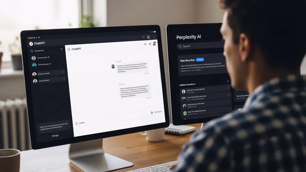 Homem trabalhando com ChatGPT e Perplexity em monitores.