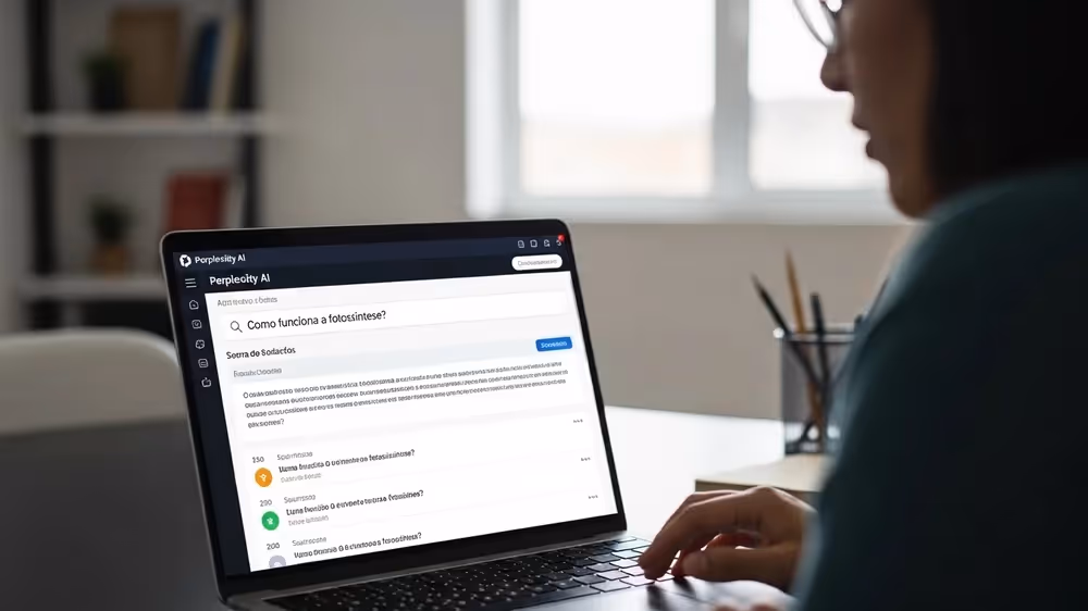 Usuário com Perplexity AI perguntando como funciona fotossíntese.