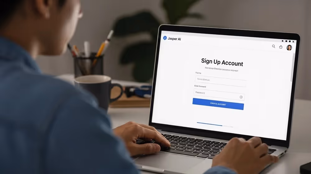 Usuário digitando na página de cadastro da Jasper AI no laptop.
