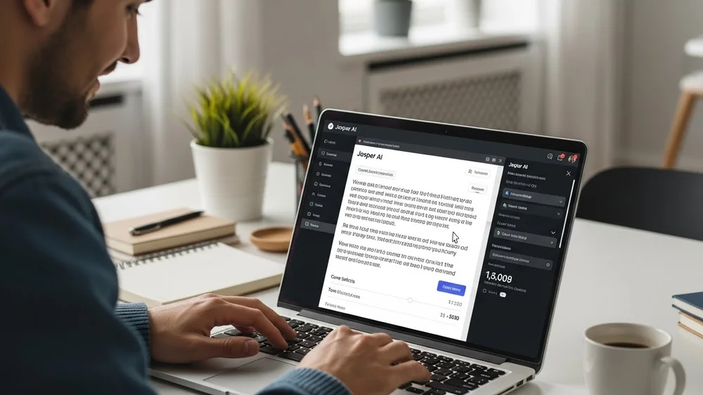 Homem sorridente usando Jasper AI para criação de conteúdo.