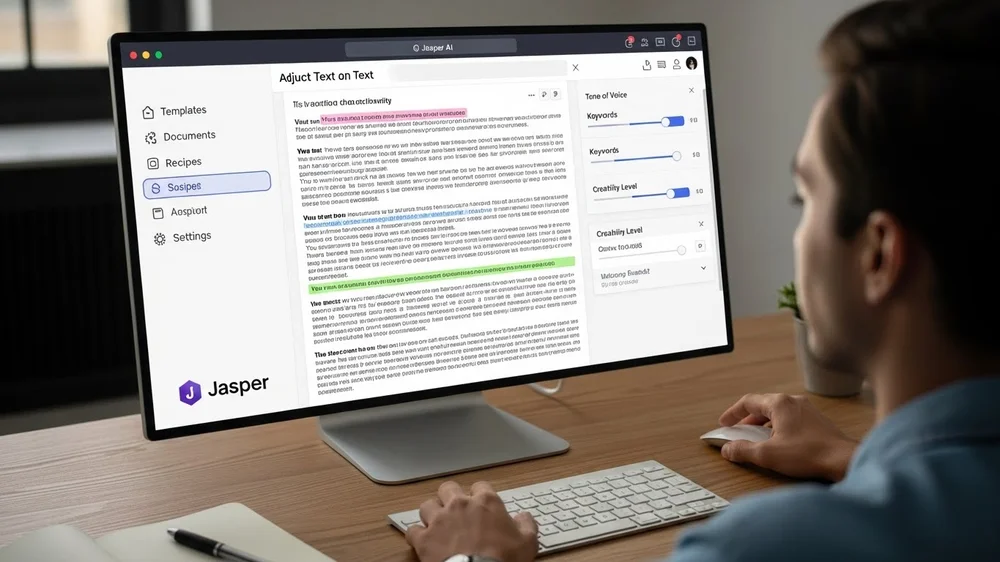 Homem usando Jasper AI em monitor, ajustando Nível de Criação.