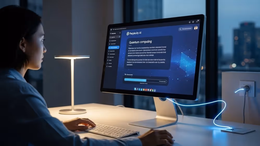 Pessoa usando Perplexity AI em monitor de desktop, pesquisando "Quantum computing"