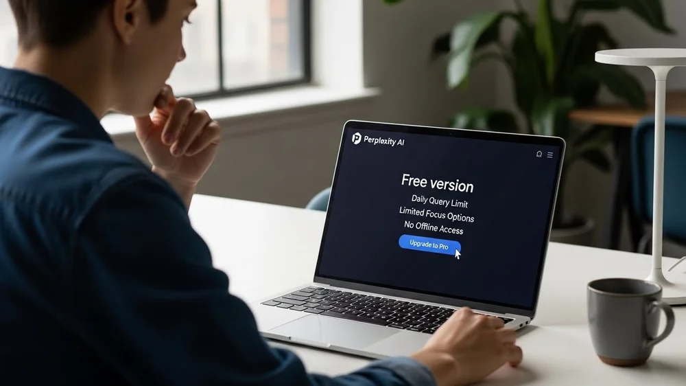Homem olhando a tela de um laptop que exibe a versão gratuita do Perplexity AI.