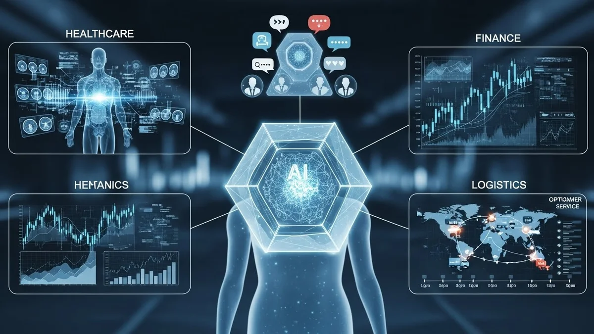 Diagrama de IA central conectada a telas de Healthcare, Finance, Logistics e Hemantics.