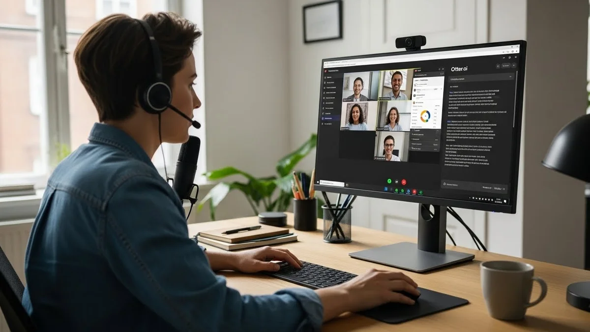 Pessoa com headset e microfone em teleconferência no monitor Otter.ai.