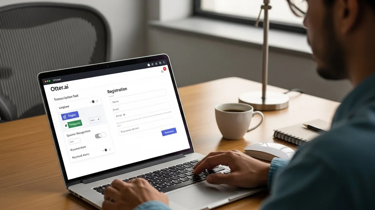 Pessoa preenche formulário de registro do Otter.ai em um notebook.