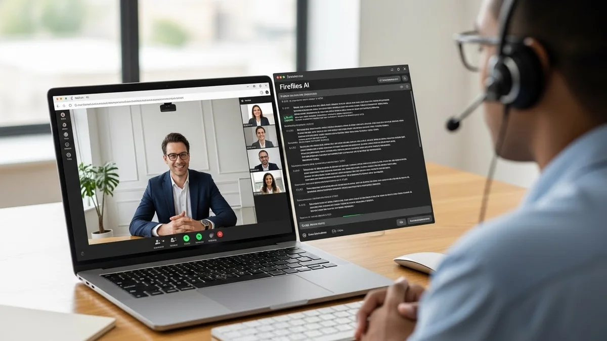 Homem em um call de vídeo (Zoom) usando um laptop com a transcrição (Fireflies AI) sendo exibida na tela.