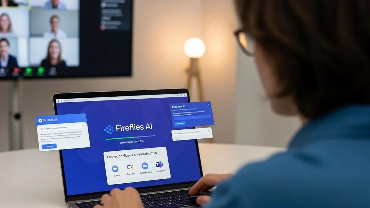 Profissional em videoconferência usando IA para transcrição.