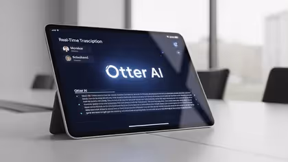 Close na tela de um tablet mostrando a logo e a interface de transcrição automática do aplicativo Otter AI para reuniões.
