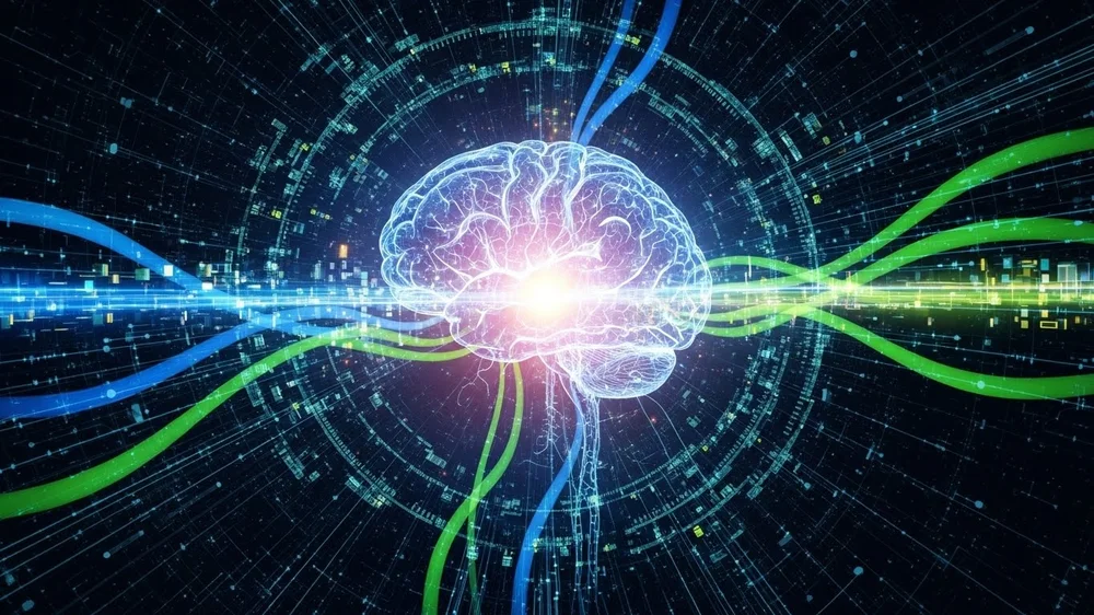 Cérebro digital brilhante em rede de tecnologia futurista.