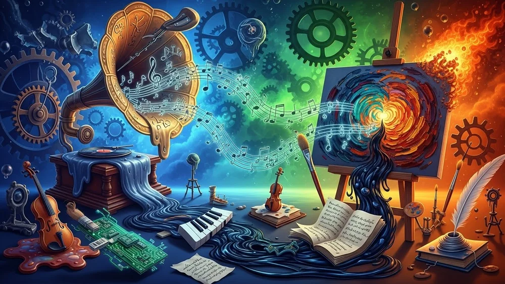 Vitrola arte pintura música teclas e engrenagens fantasia