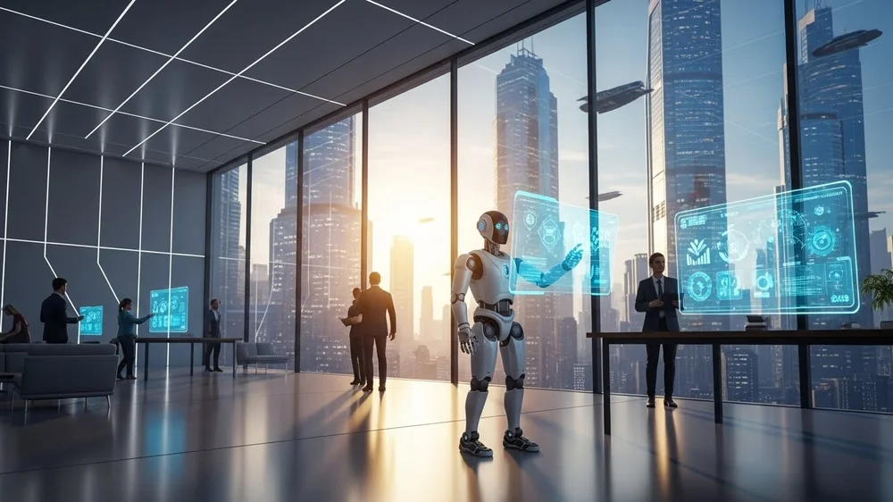 Robô em escritório futurista arranha-céus e hologramas