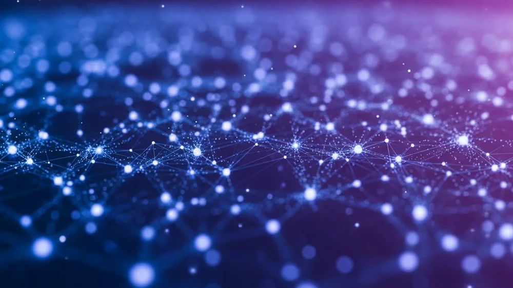 Rede de pontos de luz azuis interconectados, abstrata