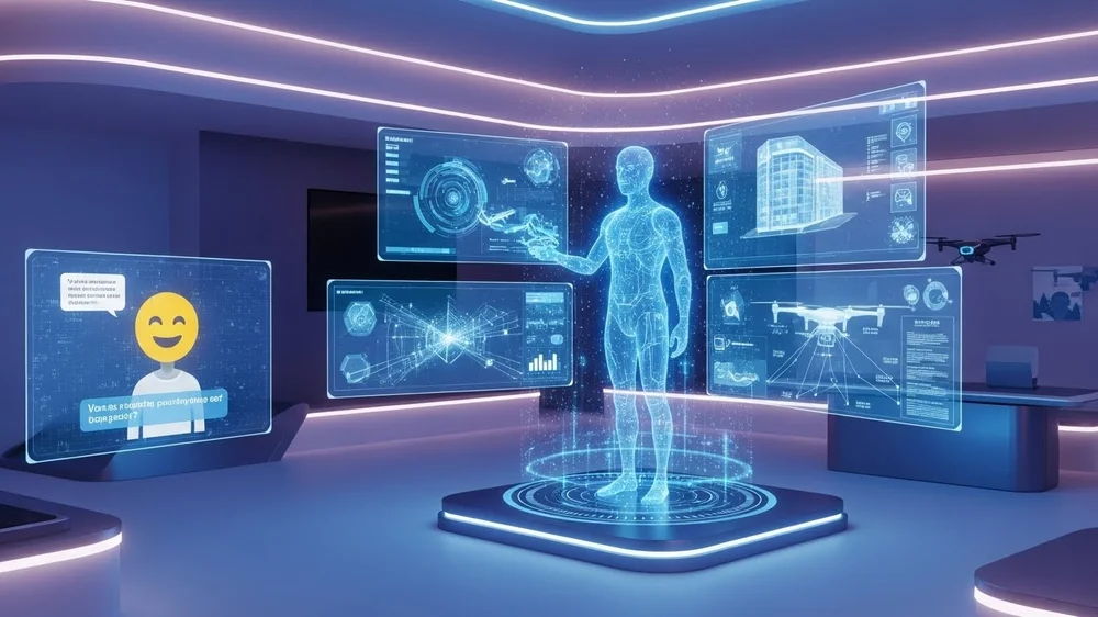Holograma humano dados chatbot e drones sala futurista