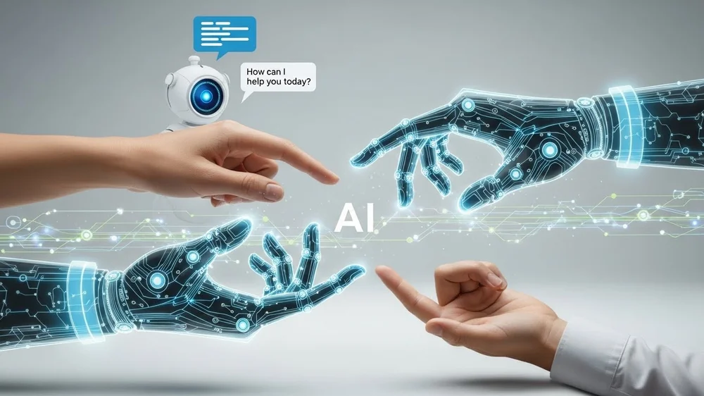 Mãos humanas e mãos robóticas interagindo com IA