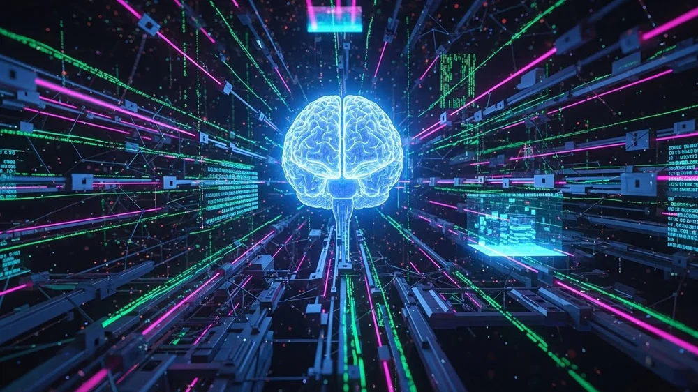 Representação digital de um cérebro humano no centro de um túnel futurista de linhas de dados e luzes néon.