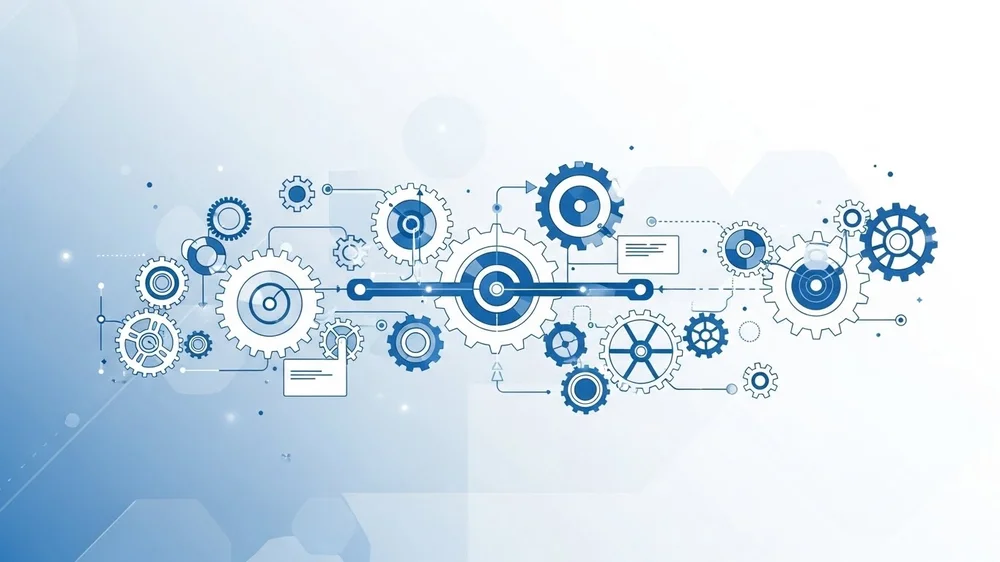 Ilustração vetorial abstrata de múltiplas engrenagens interconectadas em tom azul, simbolizando mecanismos e tecnologia.