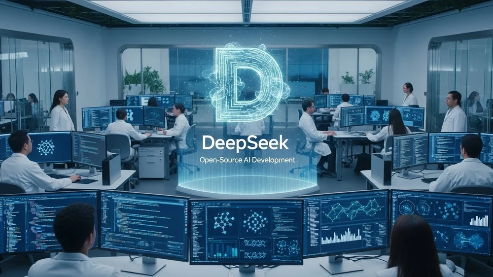 Equipe de desenvolvedores em um centro de dados futurista com o logo DeepSeek e o texto "Open-Source AI Development".