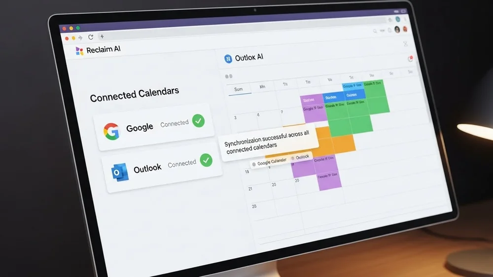 Calendários Google e Outlook conectados no Reclaim AI.