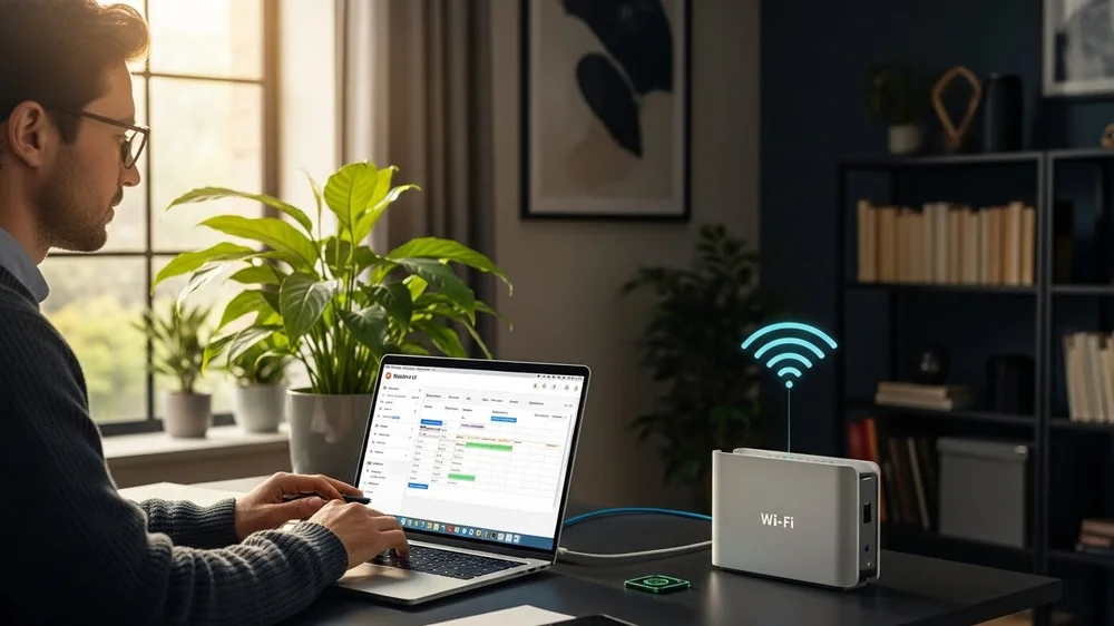 Homem trabalha em laptop com roteador Wi-Fi ao lado.