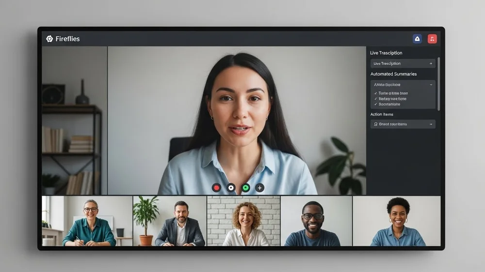 Videoconferência com transcrição e resumo Fireflies AI.