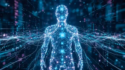Silhueta humana construída por constelações de dados e fluxos de código em um ambiente virtual, simbolizando a integração entre homem e máquina.