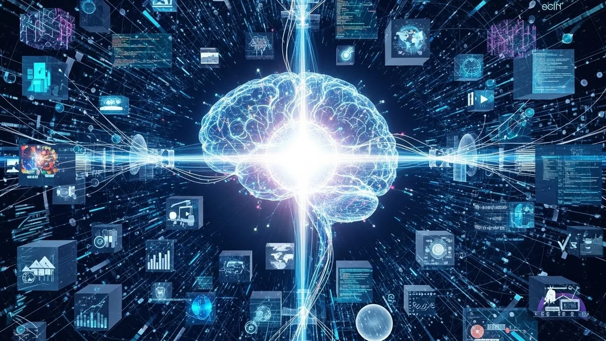 Conceito de inteligência artificial com cérebro luminoso e dados digitais