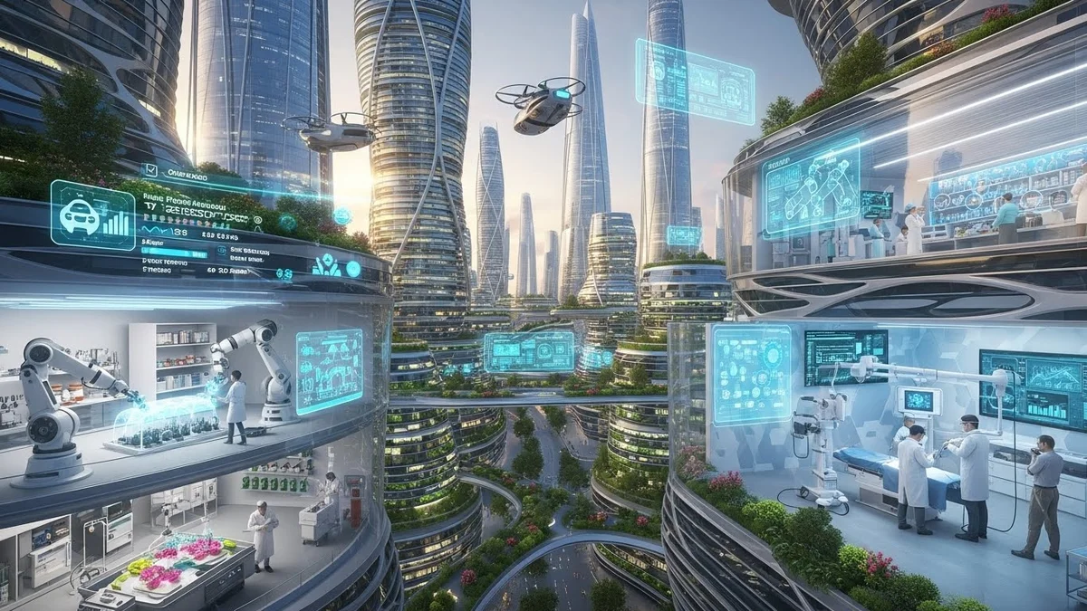 Visão futurista de uma cidade sustentável com arranha-céus verdes, drones e laboratórios avançados usando tecnologia e robótica.