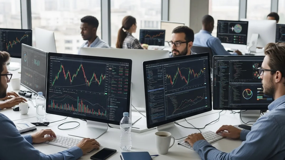 Traders e analistas de dados trabalhando em escritório moderno, observando gráficos de ações e códigos em vários monitores.