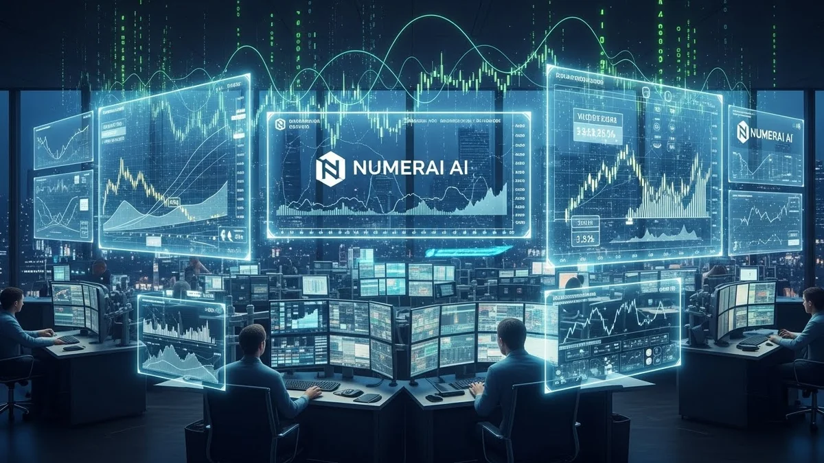 Centro de controle futurista com analistas e telas holográficas mostrando gráficos de desempenho, dados e a logo 'NUMERAI AI'.