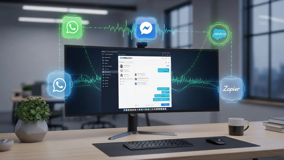 Tela de monitor mostrando software de comunicação (Intercom) integrado a plataformas como WhatsApp, Messenger, Salesforce e Zapier.