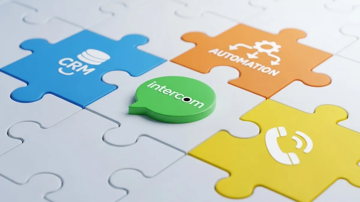 Peças de quebra-cabeça com ícones de CRM, Automação, Telefone e um balão de fala "intercom" no centro.